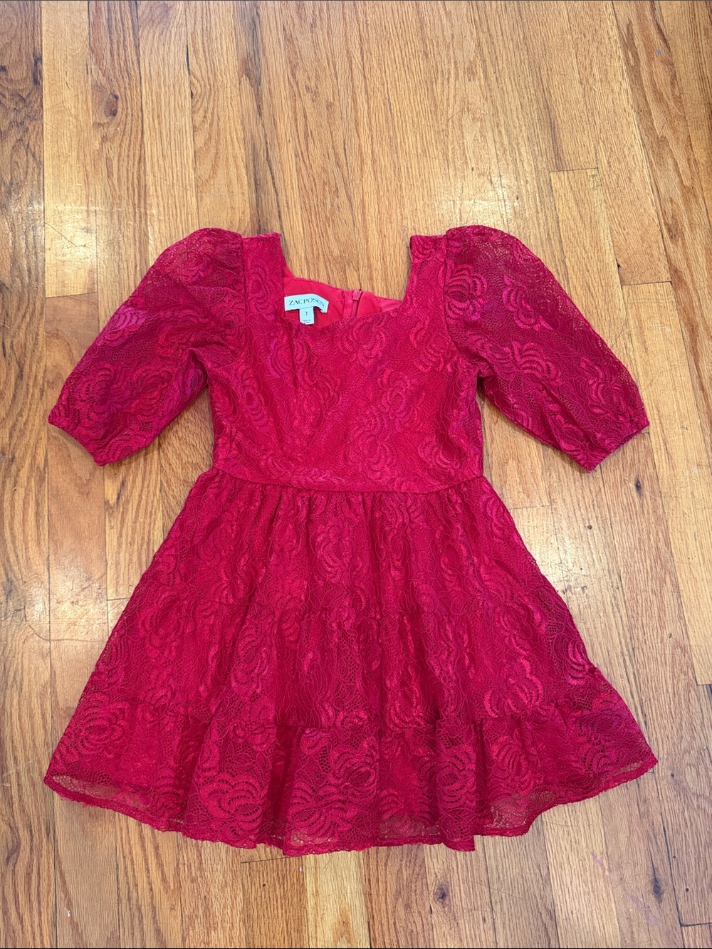 Zac Posen Girls Red Lace Puff-Sleeve Party Dress
